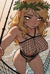 above_view beach blonde_hair cookiasncream drip dripping dripping_wet exposed exposed_breasts fish fishnet_legwear fishnets light-skinned_female net nude ocean sea seaside twitter twitter_username water water_drop water_drops wet wet_body wet_pussy wet_skin yellow_eyes