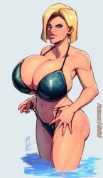 android_18 artist_name artist_signature big_breasts bikini blonde_hair blue_eyes busty cleavage crimson_kaiserin dragon_ball dragon_ball_z light-skinned_female light_skin swimsuit water