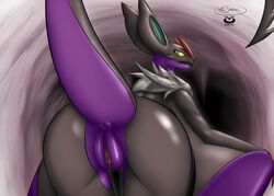 1girls 2016 anus ass back back_view bat bent_over big_ass black_skin butt clitoris dragon eyelashes fangs female female_only fur hairless_pussy highres long_ears looking_at_viewer looking_back membranous_wings nintendo noivern open_mouth pokemon pokemon_(species) pokemorph presenting_hindquarters purple_skin pussy rear_view signature solo tail text thigh_gap veldazik wings yellow_eyes yellow_sclera