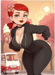 ai_generated babe big_breasts breasts brown_eyes cleavage curvy dark_black_tracksuit_bottoms dark_red_lipstick flower_hair_ornament hair_side_parting high_quality ice_cream looking_at_viewer low_short_pigtails pink_flower posing red_hair seductive short_hair slutty_outfit teen tight_waist twintails white_border wide_hips zoey_(tdi) zoey_total_drama