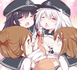 1boy 4girls akatsuki_(kantai_collection) blonde_hair censored collaborative_fellatio cum cum_in_mouth cum_string facial fellatio flat_cap folded_ponytail group_sex hair hair_ornament hairclip hat headgear hibiki_(kantai_collection) ikazuchi_(kantai_collection) inazuma_(kantai_collection) kantai_collection long_hair multiple_girls nipples oral penis school_uniform serafuku small_breasts teamwork tongue tongue_out watanohara white_hair