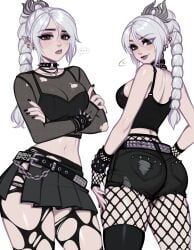1girls baldur's_gate baldur's_gate_3 black_clothing blushyspicy female fishnet_legwear fishnets goth goth_girl looking_at_viewer looking_back looking_back_at_viewer pale-skinned_female pale_skin shadowheart shadowheart_(baldur's_gate) short_skirt skirt white_hair