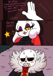 1boy 1girls back_view blush chubby chubby_female clothing comic comic_page curvy door female goat happy heart hips male mature_female milf oral red_eyes sans size_difference skeleton smaller_male toriel underfell wings