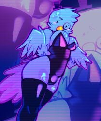 1futa artist_upload big_breasts big_thighs bird bird_girl blush bulge bulge_through_clothing bulge_under_clothes bunnysuit clothed furry futanari hair_ornament hair_tuft intersex looking_down monocle oc original_art original_character tophat vibrant winged_arms wings
