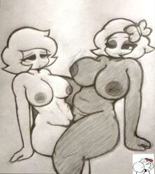 2girls abdomen areolae black_and_white blue_eyes blush bowtie bowtie_on_head breasts eyelashes eyeshadow female female/female female_only greyscale lesbian_sex meme monochrome multiple_girls nipples nude nude_female oraix pencil_(artwork) pleasure_face rand0m_293 scissoring short_hair tribadism white_hair xiaro yuri