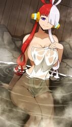 absurdres bathing breasts closed_mouth daydarion female fence hair_over_one_eye hair_rings highres large_breasts long_hair multicolored_hair naked_towel one_piece one_piece_film:_red onsen partially_submerged purple_eyes red_hair rock sitting smile solo split-color_hair towel two-tone_hair uta_(one_piece) very_long_hair water wet wet_towel white_hair