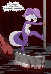 3_toes absurd_res ailurid animal_butchery_diagram anthro ass begging_for_mercy blood blood_on_hand bodily_fluids bound butt_from_the_front cleaver dialogue duo e254e feet female fifi_la_fume fluffy fluffy_tail french_text fur genitals helpless hi_res horror_(theme) imminent_death imminent_vore lin_(e254e) mammal mephitid navel nipples nude pink_nose plantigrade pole purple_body purple_fur pussy red_panda ryona scared screaming skunk struggling tail tears text tiny_toon_adventures toes translation_check translation_request vulva warner_brothers