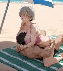 ai_generated beach big_breasts breast_smother closed_eyes grey_hair pale_skin sand short_hair smile