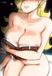 absurdres artist_logo blonde_hair boobs_in_book_(meme) book breasts cleavage collarbone commentary cum cum_on_body cum_on_breasts earrings eyes_out_of_frame facial female grin head_out_of_frame heart highres holding holding_book hugging_book hugging_object jewelry large_breasts logo long_hair mario_(series) meme mystyhw navel nude open_book rosalina sitting smile solo sweat symbol-only_commentary