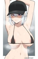 areola areola_slip areolae armpits arms_up belly_button big_breasts bikini_top breasts female k3nnyn3v light-skinned_female light_skin medium_hair micro_bra nipple_bulge pale-skinned_female pale_skin pink_nipples stomach sweat