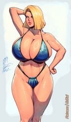 1girls android_18 artist_name artist_signature big_breasts bikini blonde_hair blue_eyes bob_cut busty crimson_kaiserin dragon_ball dragon_ball_z light-skinned_female light_skin swimsuit thick thick_thighs
