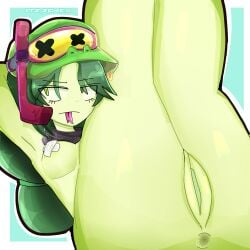 1girls :p alli_(brawl_stars) ass big_ass blue_background brawl_stars breasts colored female female_only green_body green_hair huge_ass itz_zekex_(artist) legs_up long_green_hair long_hair non-human nude_female pussy small_breasts tagme todyzila(artist) watermark