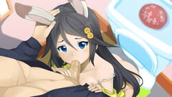 1boy animal_ears black_hair blue_eyes bottomless breasts bunny_ears fellatio female from_above hair_between_eyes hair_ornament hand_on_another's_head highres izumi_reina long_hair looking_at_viewer musaigen_no_phantom_world open_clothes open_shirt oral paavuchi penis shirt sitting small_breasts strap_slip toilet