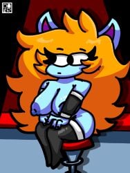 big_ass big_breasts black_background blue_body blue_tits chair donisha_parmigiana donisha_parmigiana(stanace) ears_up knee_socks kneesocks pizza_tower pose posing simple_background sleeves yellow_hair