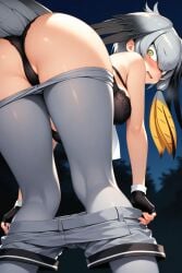 1girl @_@ ai_generated ass ass_focus bare_arms bent_over bird_girl bird_tail black_bra black_gloves blush bodystocking bra breasts dark_sky embarrassed embarrassed_female eyelashes female fingerless_gloves frills from_below from_below_view grey_hair hair_between_eyes head_wings kemono_friends looking_at_viewer looking_back medium_breasts monster_girl mr.mawile necktie night open_mouth orange_hair outdoors presenting_ass pulling_clothing pulling_down_shorts shoebill_(kemono_friends) short_hair solo tail thong undressing wavy_mouth wide_hips yellow_eyes