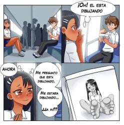 1girl1boy absurdres adorable cute drawing feet foot_fetish foot_focus foot_worship funny hayase_nagatoro highres meme meme_reference nagatoro_hayase naoto_hachioji_(senpai) please_don't_bully_me,_nagatoro presenting_feet romantic_couple showing_feet soles soles_fetish spanish spanish_dialogue toes