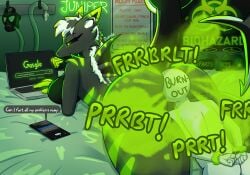 anthro ass big_butt breasts buttplug canister computer cuffs_(clothing) duo electronics english_text fart fart_cloud fart_fetish fart_sniffing fart_torture farting_on_face fish gas_mask hi_res juniper_(sharkskunk) laptop male mammal marine mask mephitid plug_(sex_toy) rules sex_toy shark sharkskunk sign skunk sniffing speech_bubble tail text