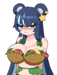 1girls :( animal_ears bare_shoulders bear_ears bear_girl belly_button bikini blue_eyes blue_hair blush breasts burger_bikini cleavage embarrassed eyebrows_visible_through_hair female female_only fujikura_uruka funny huge_breasts light-skinned_female light_skin looking_at_viewer nose_blush phase_connect phase_origins simple_background solo steeeph_(steeeph333) thick_eyebrows virtual_youtuber white_background