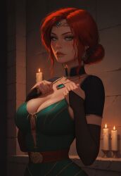 cleavage dress green_dress green_eyes large_breasts red_hair red_hair redhead_female the_witcher_(series) the_witcher_3:_wild_hunt triss_merigold