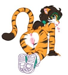 2023 all_fours anthro anus ass breasts brown_hair clothing digital_media_(artwork) felid female fingerless_gloves footwear fur genitals gloves green_highlights hair handwear heart_symbol highlights_(coloring) looking_at_viewer looking_back looking_back_at_viewer mammal orange_body orange_fur pantherine pink_nose shoes simple_background smile solo sutagaki tail tiger tongue tongue_out vulva white_background