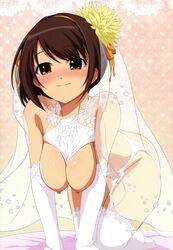 1girls bangs blush breasts brown_eyes brown_hair cleavage elbow_gloves gloves hair_ornament haruhisky kneeling large_breasts pussy ribbon shiny_skin short_hair simple_background smile solo suzumiya_haruhi suzumiya_haruhi_no_yuuutsu thighhighs wedding_dress