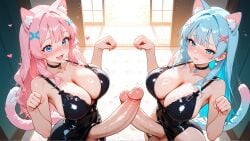 2futas ai_art ai_generated animal_ears blue_hair cat_ears cat_girl cat_tail catgirl dickgirl futanari futanari koneko konekofuta large_breasts large_penis penises_touching pink_hair two_tone_hair two_tone_hair_(blueandpink)