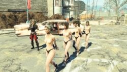 3d 5girls arms_behind_back black_panties bound_wrists clothed_female_topless_female coffle eyepatch fallout_4 female females_only game_screenshot gun mod multiple_girls original_character panties slave slave-hunter311 topless topless_female weapon