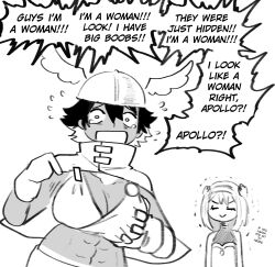 1girls bra breasts english_text female genderswap_(mtf) grabbing_own_breast greek_mythology hermes hermes_(wanderjegson) humor mtf_transformation panic rule_63 short_hair short_hair_female tan_skin tan_skinned_female text text_bubble tomboy tomboyish wanderjegson