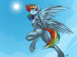 2016 anthro anthrofied anus armpits ass breasts cloud cutie_mark equine female friendship_is_magic hair horse looking_at_viewer mammal multicolored_hair my_little_pony nipples nsfwquynzel pegasus pony pussy rainbow_dash_(mlp) sky smile solo straight_hair sun underhoof wings