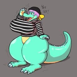 anthro bimbo bimbofication bow comic dialogue fupoo human_to_anthro hypnosis kamila kremling mind_control pink_hair reality_warping reptile tagme text toonification transformation
