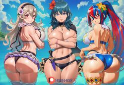3girls ai_generated alear_(female)_(seaside_dragon)_(fire_emblem) alear_(fire_emblem) alear_(fire_emblem)_(female) ass bikini blue_eyes blue_hair breasts byleth_(fire_emblem) byleth_(fire_emblem)_(female) byleth_(summer)_(fire_emblem)_(female) capelet corrin_(fire_emblem) corrin_(fire_emblem)_(female) corrin_(summer)_(fire_emblem)_(female) covering covering_breasts covering_self dagger emotionless expressionless female female_only fire_emblem fire_emblem:_three_houses fire_emblem_engage fire_emblem_fates fire_emblem_heroes flower_necklace hair_flower hair_ornament huge_ass huge_breasts long_hair looking_at_viewer looking_back medium_hair multicolored_hair narrow_waist nintendo no_sex novelai partially_submerged presenting_ass presenting_hindquarters public_topless red_eyes red_hair silver_hair surprised thigh_strap topless vermadis2x voluptuous voluptuous_female wide_hips