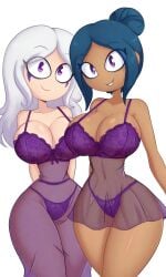 2girls ai-created ai_art ai_generated blue_hair female fhs fhsz3r0 fnafhs fnafhs_z3ro fnafhsrule34 fnafhsxxx glasses lily_(fnafhs) lingerie looking_at_viewer mai_(fnafhs) mark_under_eye pixai purple_eyes seductive seductive_look seductive_smile silver_hair translucent_clothing transparent_clothing