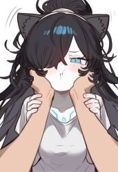 1girls black_hair blush cute dark_hair female huge_breasts kasli_the_bane little_annoyed the_battle_cats touching_face