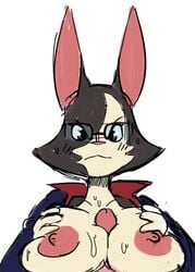 anthro artist_request big_breasts blue_eyes breasts color eyewear female glasses lagomorph mammal ms._torres_(rimba_racer) nipples paizuri penis rabbit rimba_racer sex sweat unseen_male_face