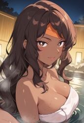 agate_(pokemon) ai_generated chalce_(pokemon) dark-skinned_female looking_at_viewer pokemon_horizons towel water