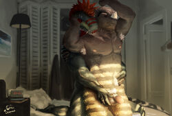 2016 anthro argonian arm_above_head armpit_hair armpits balls bed bedroom black_scales closed_eyes closet duo embrace from_behind_position front_view fur green_scales grey_fur grope hair half-erect horn humanoid_penis inside interspecies intimate kneeling lamp male mammal morning multicolored_scales nipples nude on_bed otterscience painting penis red_scales rhinoceros romantic_couple scales scalie serialfrost sex smile tagg taggcrossroad the_elder_scrolls video_games watermark white_hair woolly_rhinoceros yaoi