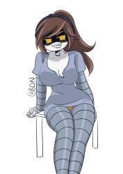1girls alice_(murder_drones) artist_name artist_signature breasts brown_hair cleavage curvaceous curvy curvy_body curvy_female curvy_figure curvy_hips female female_only glitch_productions hips legs long_hair murder_drones orange_eyes ponytail ripped_shirt robot_girl sitting sitting_on_chair solo solo_female thighs white_background wide_hips