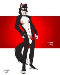 anthro balls bartek22 belly belly_piercing black_body black_fur bracelet canid canine canis chain_necklace chains ear_piercing ear_ring ears_up facial_piercing fur genitals hi_res jewelry leg_bracelet looking_at_viewer male mammal necklace nipple_piercing nipples nose_piercing nose_ring nude penis piercing red_eyes ring ring_piercing solo spikes tail tongue tongue_out wayne_(bartek22) white_body white_fur wolf