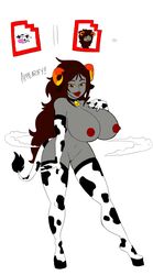 1girls aradia_megido areola areolae bell bimbo black_hair breasts busty cleavage cow_accoutrements cow_ears cow_girl cow_horns cow_humanoid cow_print cow_tail female fusion gloves grey_skin homestuck hooves horns huge_breasts hypothetical_fusion large_breasts long_hair looking_at_viewer mindwipe ms_paint_adventures navel nipples planetofjunk pussy red_eyes red_lips red_nipples solo tail text thighhighs troll voluptuous white_background