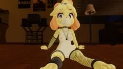 1girls choker female fully_nude furry furry_female furry_only isabelle_(animal_crossing) looking_at_viewer necklace no_panties on_bed pose presenting_pussy pussy solo_female stockings vrchat vrchat_avatar vrchat_model