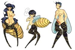 ambiguous_gender animal_humanoid antennae arthropod balls bee big_breasts black_hair blush breasts candylady erection female hair humanoid insect_wings insects long_hair male nipples nude one_eye_closed penis pose pussy red_eyes short_hair smile wasp wings