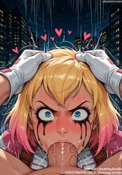 1boy :>= ai_generated angry bangs blonde_hair blue_eyes blush bodily_fluids bodysuit building city clothing colored_tips crying deepthroat english_language english_text erection fellatio female female freckles gloves gradient_hair gwen_poole gwen_stacy gwendolyn_maxine_stacy gwenpool head_grab heart heart-shaped_pupils irrumatio jousneystudio large_penis light-skinned_female looking_at_viewer male male_pov marvel marvel_comics multicolored_hair night nose_blush nude oral outdoors penis pink_hair saliva sex short_hair sky solo_focus spider-gwen spider-man:_into_the_spider-verse spider-man_(series) straight superhero sweat symbol-shaped_pupils tears text trembling two-tone_hair v-shaped_eyebrows veins veiny_penis white_gloves