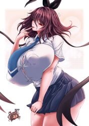 big_breasts brown_hair clothed_female huge_breasts large_breasts milf mizuki_shiranui mizuki_yukikaze mother_and_daughter nipple_bulge red_eyes ribbon skirt taimanin_(series) taimanin_rpgx tongue_out wink