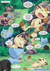 bbmbbf comic dialogue english_text feline female feral forest glameow hi_res male mammal masturbation meowth nintendo palcomix penis pokemon pokepornlive purrloin semi-anthro shinx skitty text thought_bubble tree video_games