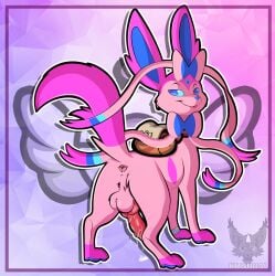2024 absurd_res accessory all_fours animal_genitalia animal_penis anus ass bag balls blue_eyes blue_nose bodily_fluids bow_(anatomy) bracelet canine_genitalia canine_penis digital_media_(artwork) dripping eeveelution erection eyebrows fan_character feet feral fur generation_6_pokemon genital_fluids genitals glistening glistening_genitalia glistening_penis half-closed_eyes heart_on_body hi_res jewelry kitsunal knot looking_at_viewer looking_back looking_back_at_viewer male male_feral markings narrowed_eyes nintendo nude paws penis pink_body pink_ears pink_fur pink_tail poke_(pokemonlover) pokemon pokemon_(species) pokemon_mystery_dungeon precum precum_drip presenting presenting_hindquarters quadruped raised_eyebrows rear_view ribbons_(anatomy) seductive signature simple_background smile solo spike_chunsoft sylveon tail text tongue tongue_out