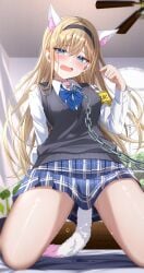 absurdres anal anal_object_insertion anal_tail animal_collar animal_ear_fluff animal_ears armband bed_sheet bell black_hairband blonde_hair blue_skirt blush breasts ceiling_fan chain_leash chains collar collared_shirt commentary crying crying_with_eyes_open curtains drawer fake_animal_ears fake_tail female furrowed_brow grey_sweater_vest hair_between_eyes hairband hand_up highres indoors jingle_bell kneeling kunimine_yuzuki leash light_particles long_hair long_sleeves looking_at_viewer medium_breasts object_insertion on_bed open_mouth original paw_pose pink_collar plaid_clothes plaid_skirt plant pleated_skirt purple_pupils pussy_juice pussy_juice_stain school_uniform shirt skirt solo sweater_vest tail tears thighs very_long_hair white_shirt window yellow_armband