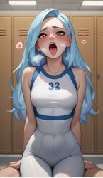 ahe_gao ai_generated andrea_davenport blue_hair blush female female_only heart-shaped_pupils legitimate solo solo_female sportswear the_ghost_and_molly_mcgee tongue_out