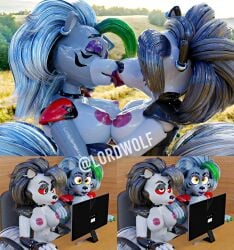 2025 2girls 3d_(artwork) absurd_res animatronic anthro anus areola bed black_nose breasts canid canine canis chair claws closed_eyes clothed clothing computer digital_media_(artwork) ear_piercing ear_ring ears english_text eyebrows feet female fingers five_nights_at_freddy's five_nights_at_freddy's:_security_breach furniture genitals glistening glistening_body green_claws green_highlights grey_body grey_hair hair hellhound hi_res highlights_(coloring) kissing lipstick long_hair looking_at_viewer loona_(helluva_boss) lordwolf machine makeup mammal naked naked_female nipples nude nude_female open_mouth piercing pink_areola pink_nipples pointy_ears prick_ears purple_lipstick red_sclera ring_piercing robot robot_anthro roxanne_wolf_(coolioart) roxanne_wolf_(fnaf) scottgames solo steel_wool_studios tail text toes two_tone_body two_tone_fur vulva white_body white_eyes wolf wolf_girl yellow_eyes