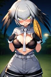 ai_generated bird_tail black_bra black_gloves blush bodystocking bra collared_shirt dark_sky embarrassed embarrassed_female eyelashes facing_viewer female fingerless_gloves frills grey_hair hair_between_eyes head_wings kemono_friends looking_at_viewer medium_breasts necktie necktie_between_breasts night open_clothes open_mouth open_shirt orange_hair outdoors shirt shoebill_(kemono_friends) short_sleeves shorts solo tail wavy_mouth wide_hips yellow_eyes