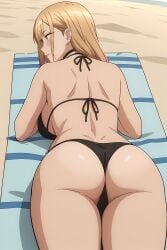ai_generated ass beach beach_towel bikini bikini_bottom bikini_top black_bikini daytime female_only kitagawa_marin laying_down laying_on_stomach my_dress_up_darling pinku.ai rear_view side_view